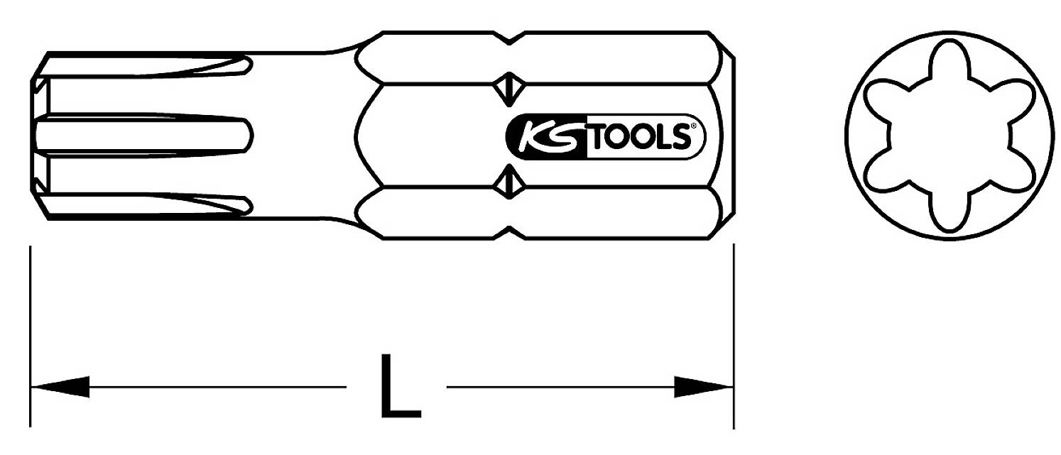 Šesťhranný skrutkovač od KS Tools s profilom Torx. Vpravo je profil Torx schematicky znázornený. Vľavo je dĺžka označená písmenom 'L'.