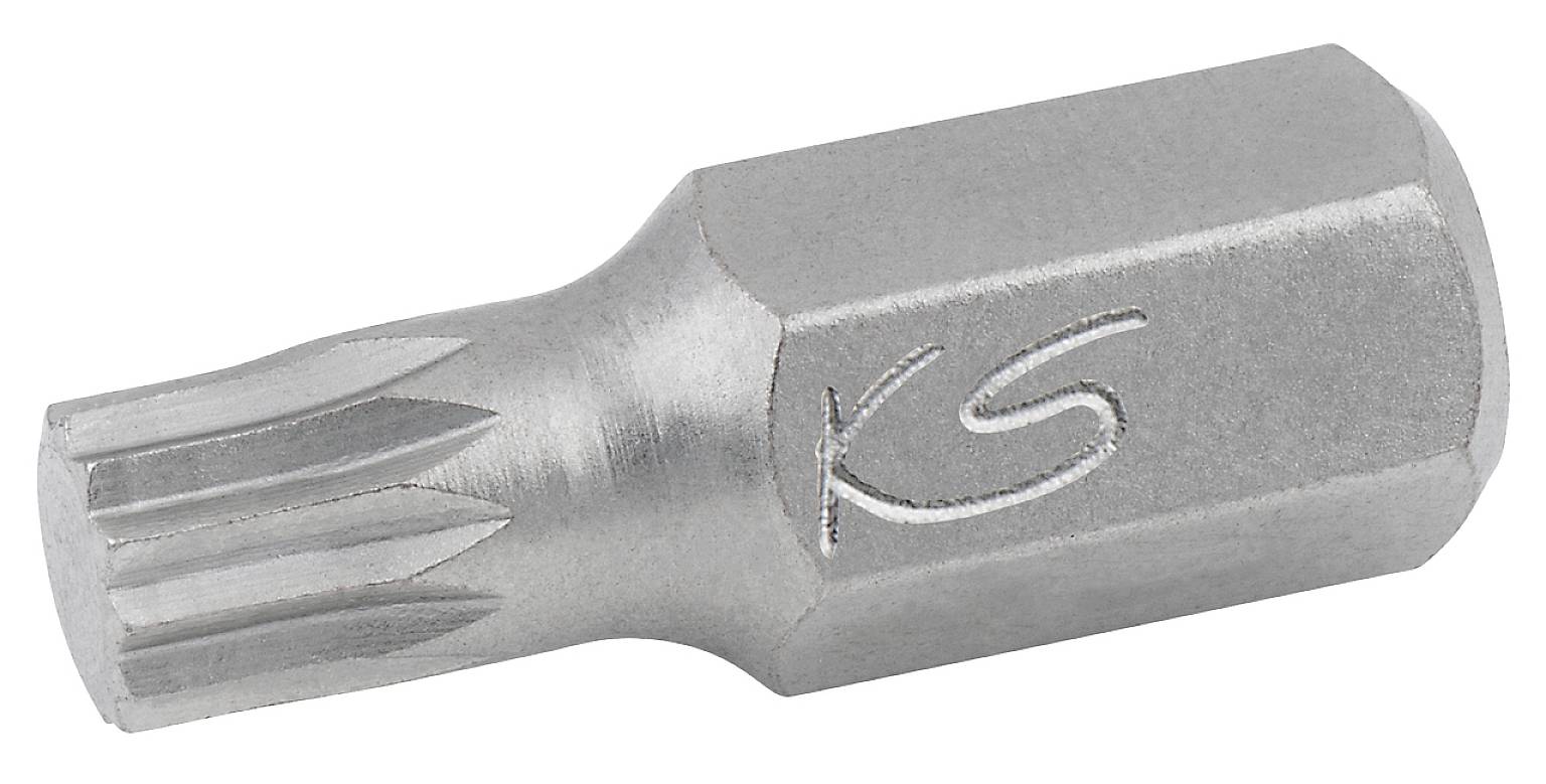 Torx bit s vygravírovaným logom 'KS', vyrobený z kovu, ktorý má na hrote tvar podobný ozubenému kolesu a je vhodný na skrutkovacie práce.