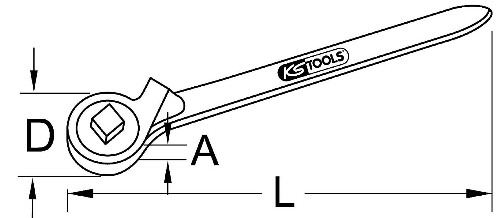 Čiernobiela kresba nástrčného kľúča s rozmermi: D (priemer), A (šírka krčku), L (celková dĺžka). Logo 'KS TOOLS' na rukoväti.