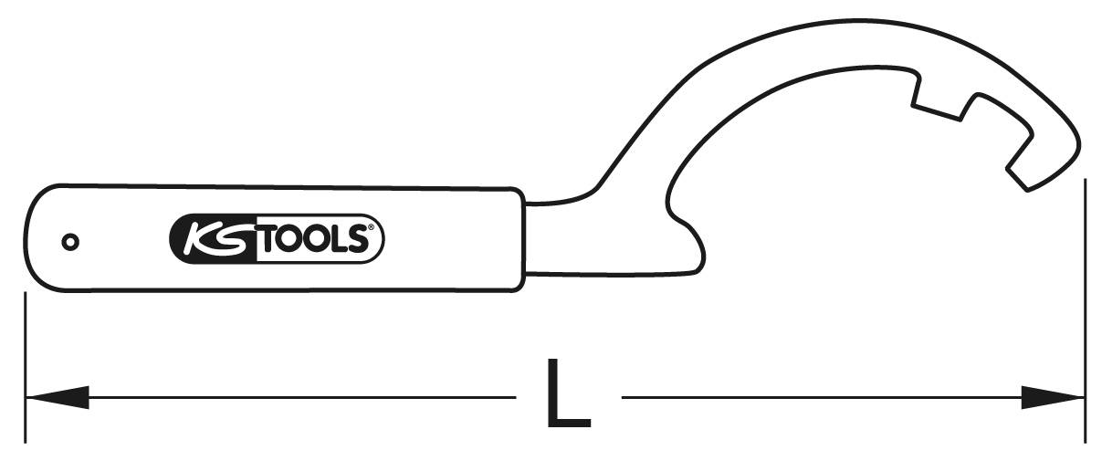 Obrázok kľúča s nápisom 'KS Tools'. Nástroj je znázornený s dĺžkou 'L'.