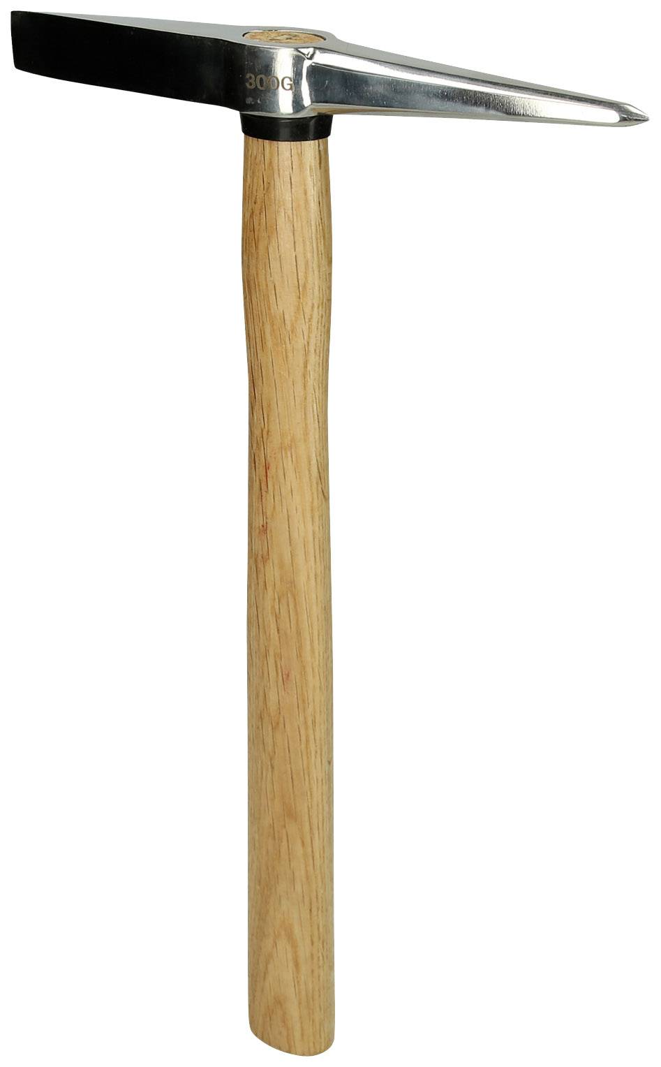 Kladivo s drevenou rukoväťou a kovovým hlavou, vhodné pre remeselné práce. Hlava má plochú a špicatú stranu.