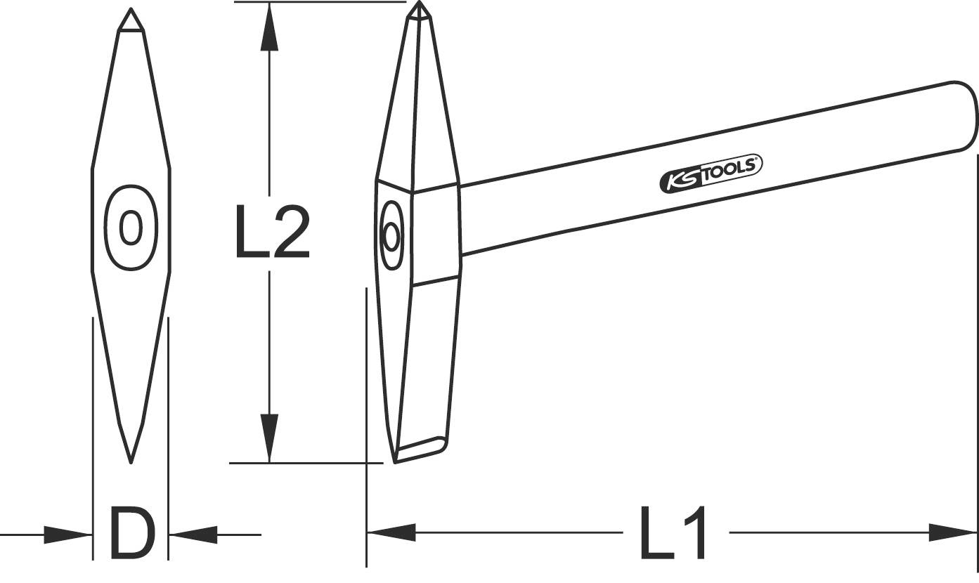 Diagram kladiva od KS Tools s rozmermi: L1 pre celkovú dĺžku, L2 pre výšku hlavy, D pre priemer špičky.