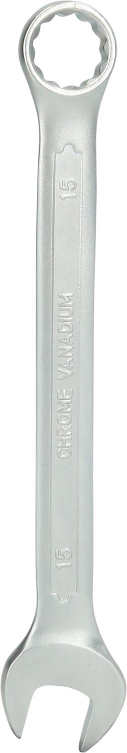 Strieborný kľúč z kovu s otvorenou a uzavretou stranou, používaný na uťahovanie alebo uvoľňovanie matíc.