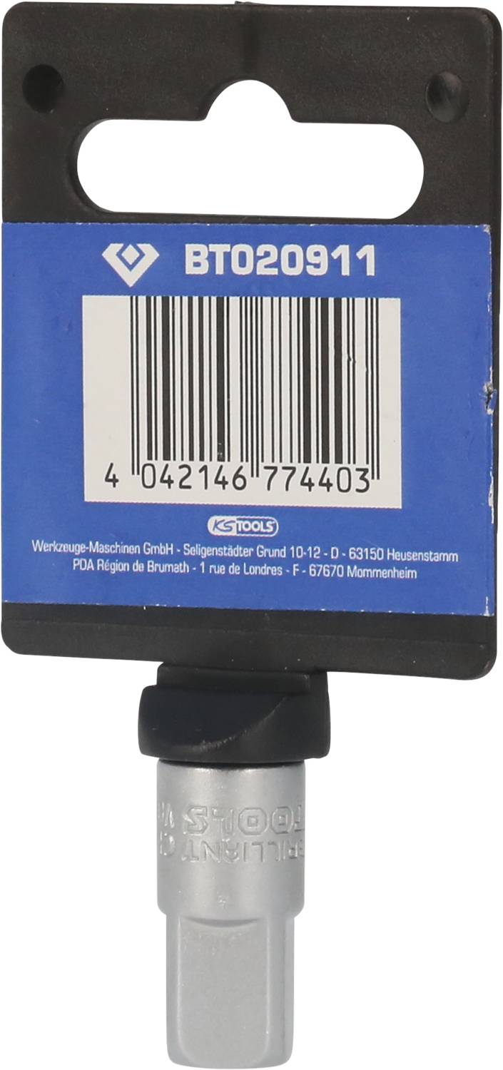 Šesťhranný nástavec na rázové kľúče s čiarovým kódom a katalógovým číslom BT020911 na modrom obale.