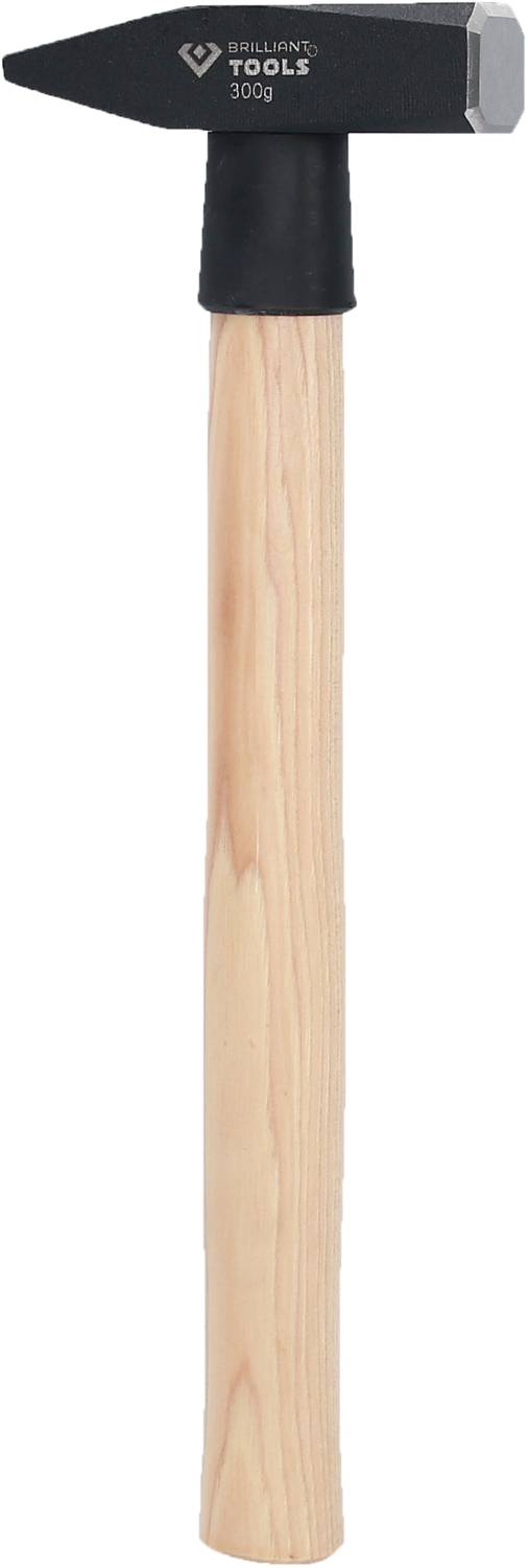 Kladivo s drevenou rukoväťou a čiernou hlavou, značka 'Brilliant Tools', hmotnosť 300g, na bielom pozadí.