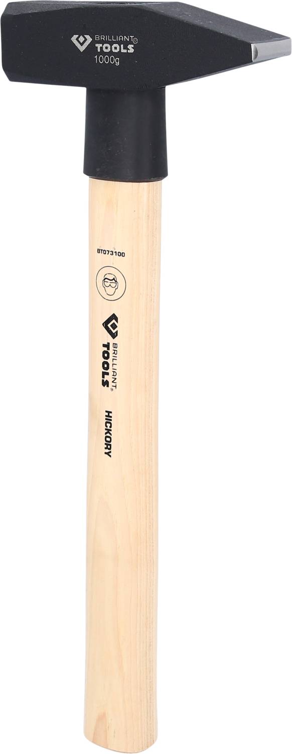 Kladivo s drevenou rukoväťou a čiernou hlavou. Hore je napísané 'BRILLIANT TOOLS 1000g'. Firemné logo a značka CE sú takisto viditeľné.