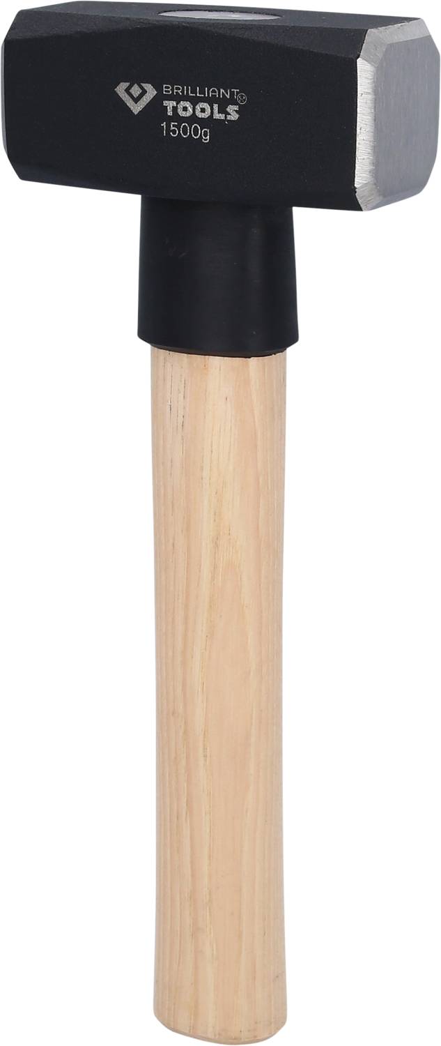 Búracie kladivo s kovovým hrotom a drevenou rukoväťou, označené štítkom 'Brilliant Tools 1500g'.
