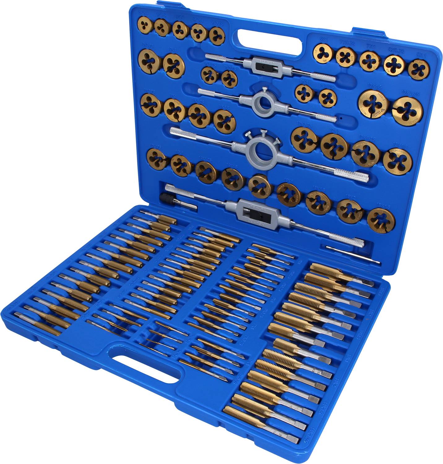 Modrá sada závitových nástrojov s viacerými rôznymi veľkosťami závitníkov a rezných hlavíc v kufríku.