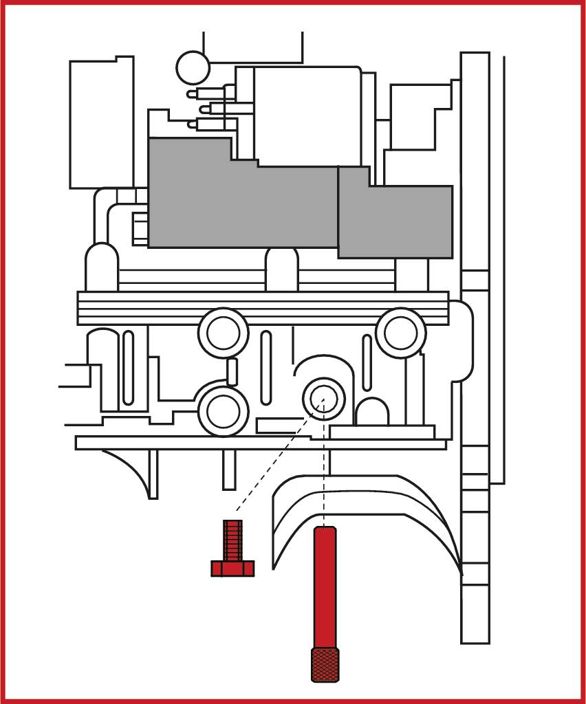 Diagram motora so zvýraznenou červenou skrutkou a čapom pod valcom. Prepojenia sú znázornené prerušovanými čiarami.