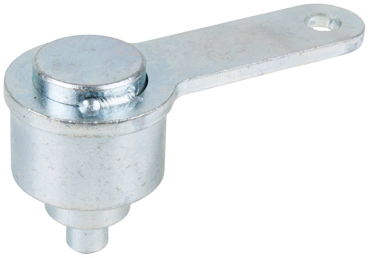 Kovová strojová súčiastka s pákovým ramenom a valcovitým tvarom. Slúži na mechanický prenos alebo prepojenie v strojoch.