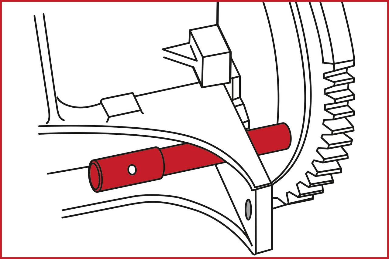 Diagram mechanickej súčiastky, ktorý zobrazuje červené pero upevnené medzi ozubeným kolesom a krytom.