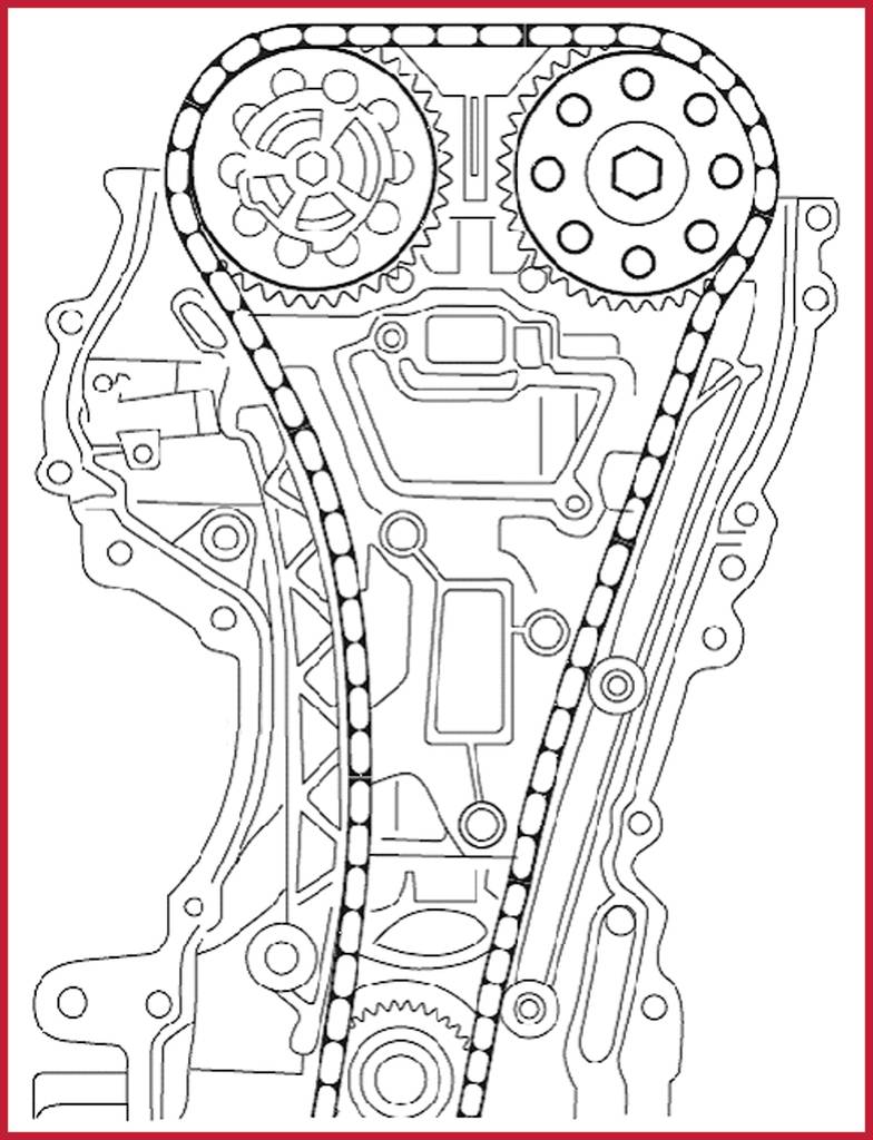Diagram ozubeného remeňa v motore so zvýraznenými ozubenými kolesami a remeňmi, ktorý ukazuje priebeh a štruktúru komponentov.