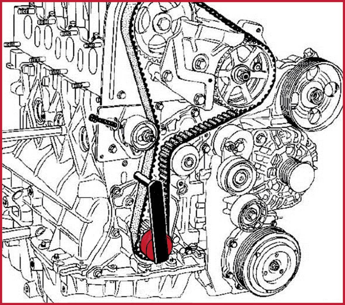 Nákres automobilového motora, znázorňujúci usporiadanie remeňov a ozubeného prevodu. Zvýraznený je červený prvok v dolnej strednej časti.