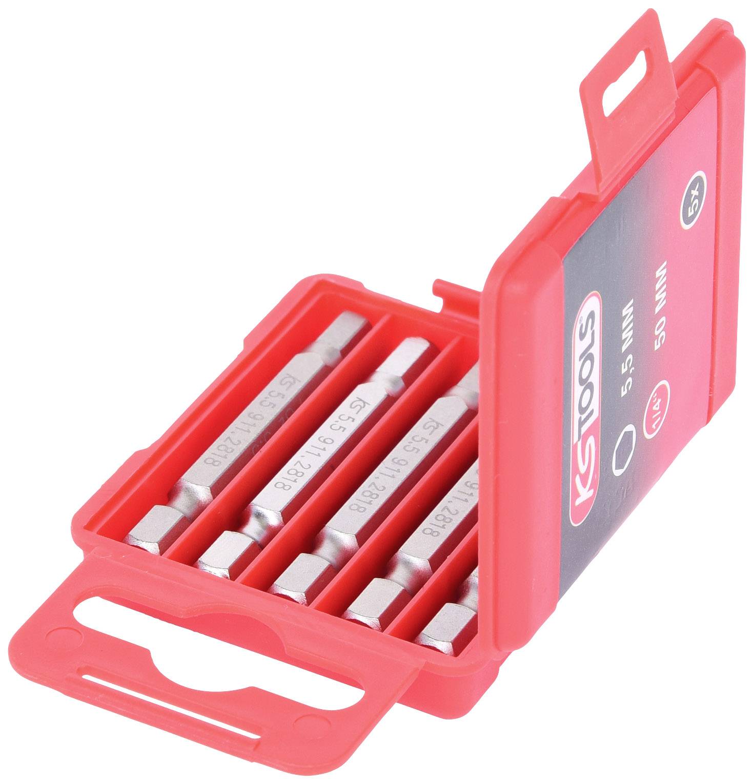 Otvorený červený box s piatimi striebornými imbusovými kľúčmi, na etikete je nápis 'KS TOOLS', rozmer: 5,5 mm.