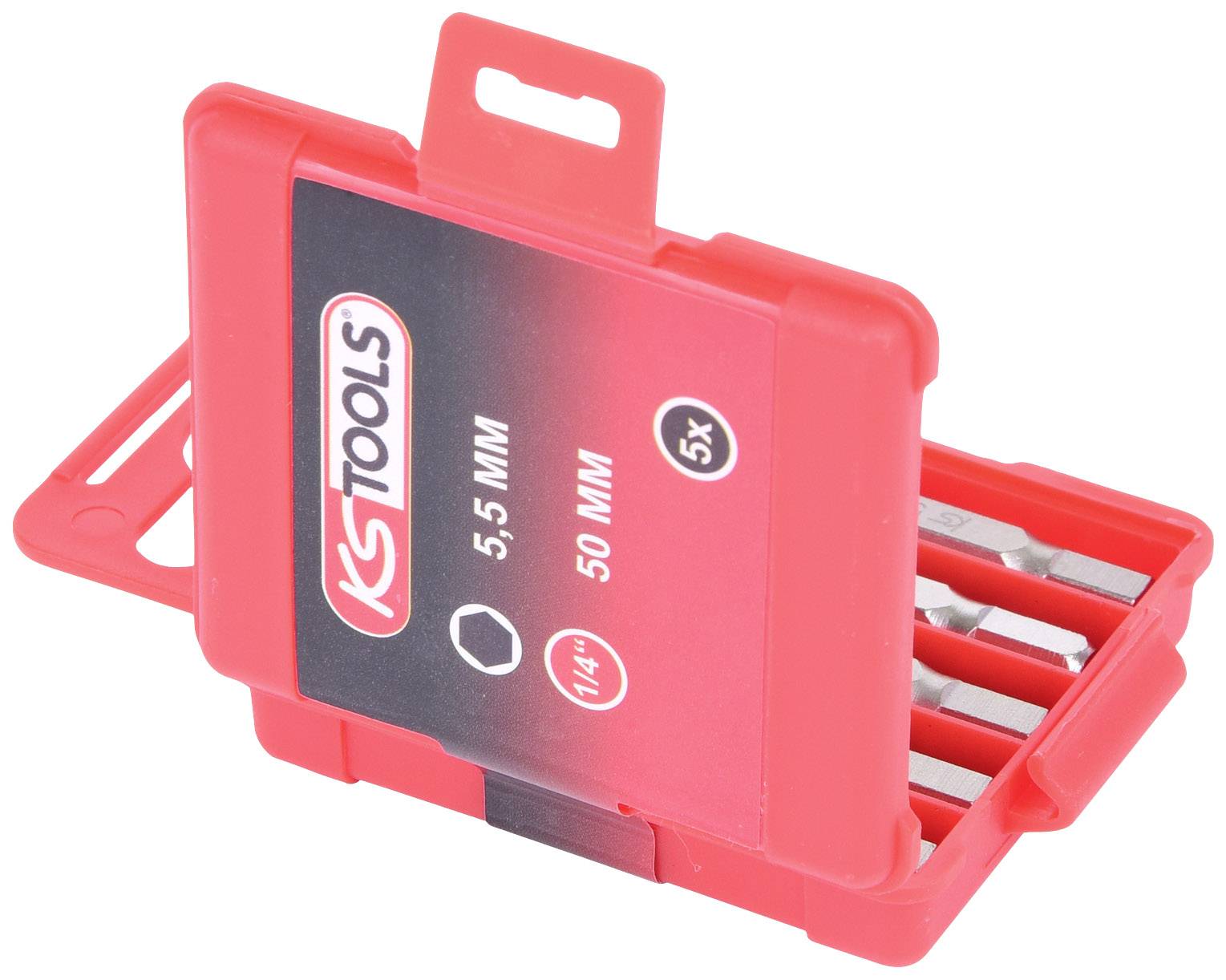 Červený plastový kontajner s nápisom 'KS TOOLS', obsahuje päť strieborných nástavcov na náradie s rozmermi 5,5 mm a 50 mm.