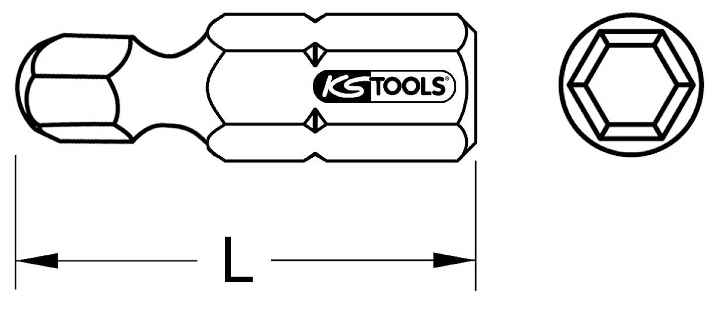 Šesťhranný bit s označením 'KS TOOLS', pohľad z boku a spredu, zobrazuje dĺžkovú špecifikáciu 'L' pre presné meranie.