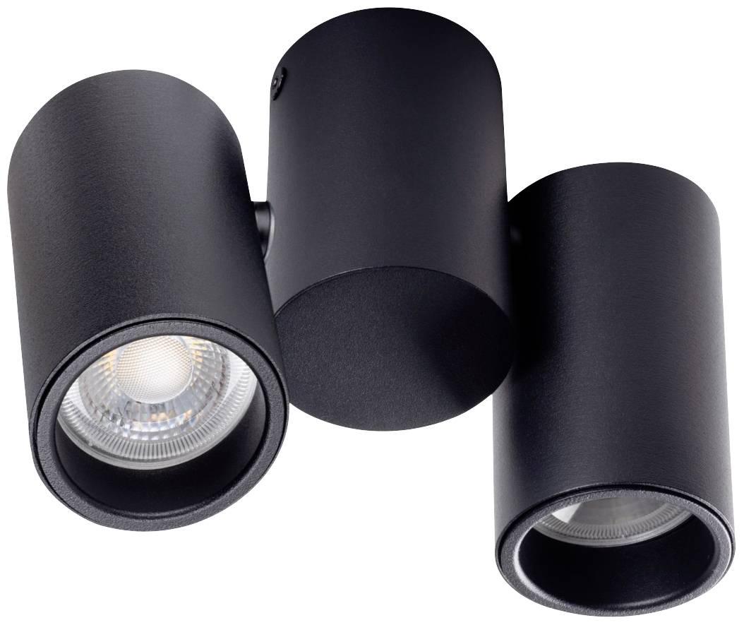 Čierne stropné svietidlo valcovitého tvaru s tromi nastaviteľnými svetlometmi, ideálne na cielenú priestorovú ilumináciu.