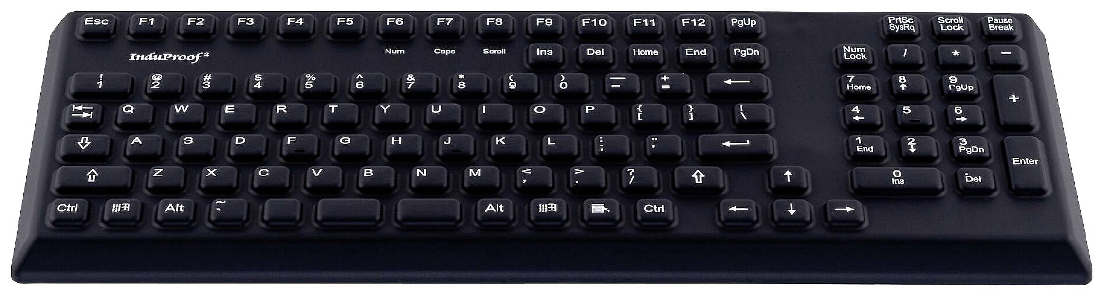 Čierna klávesnica s bežnými funkčnými klávesmi, numerickým blokom a špeciálnymi klávesmi.