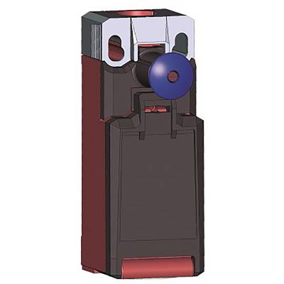 3D model elektro-mechanického spínača s modrým tlačidlom na hornej strane, namontovaný na hnedom kryte.