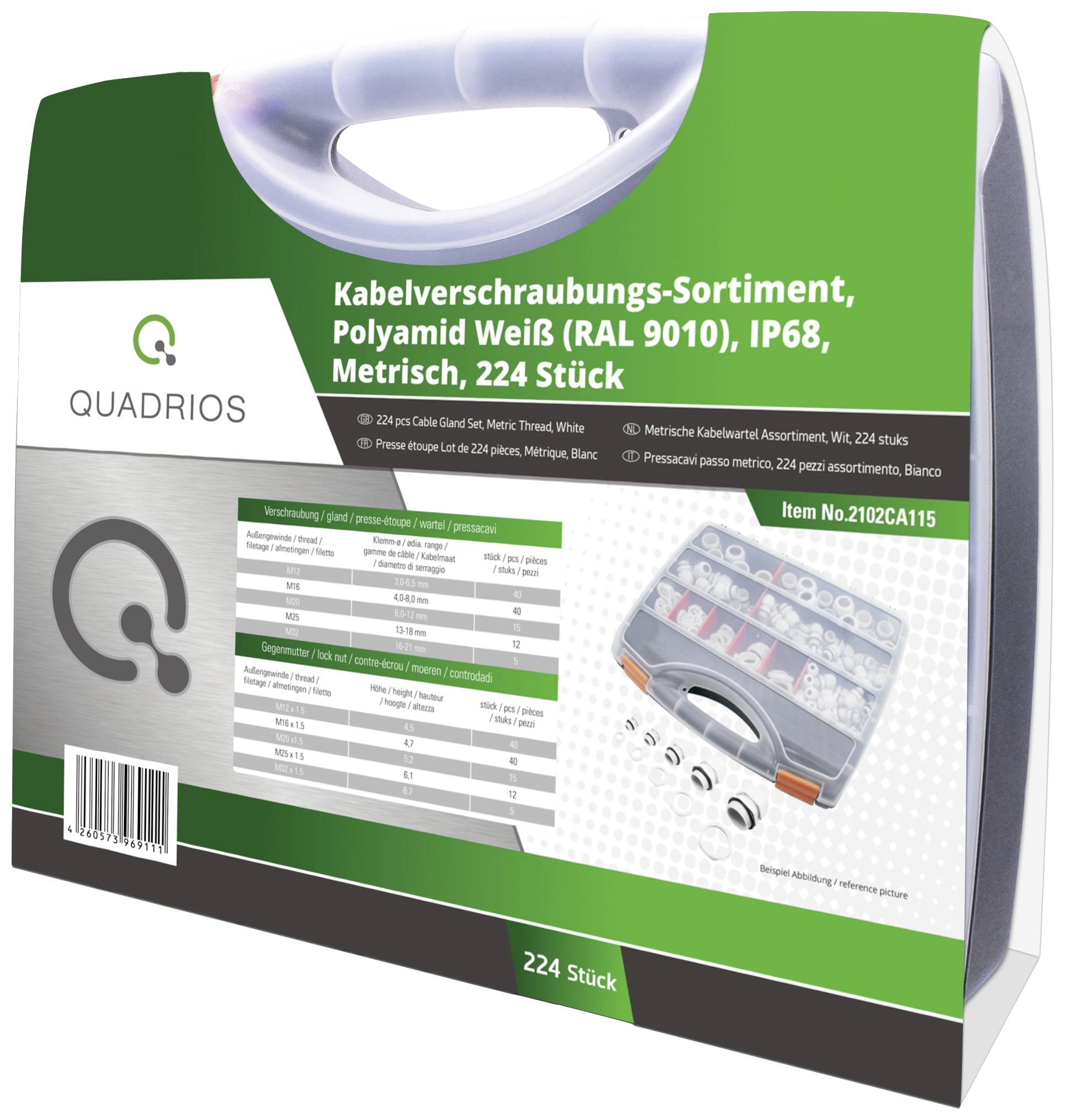 Sortiment káblových vývodiek Quadris, polyamid biely, IP68, metrický, 224 kusov. Obsahuje detaily a obrázok produktov v balení.