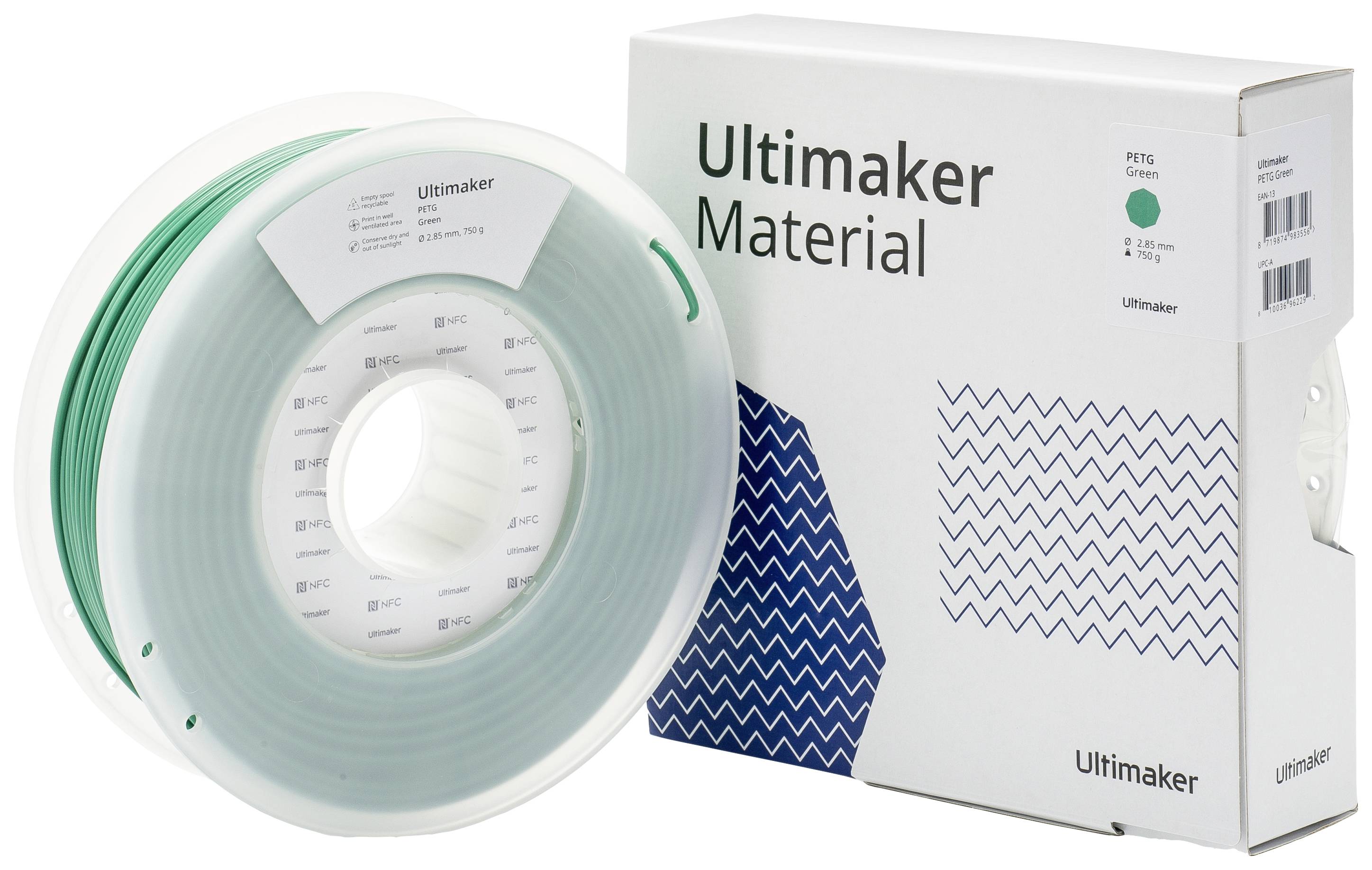 3D tlačový materiál od Ultimakeru: Zelená cievka filamentu z PETG s príslušným obalom.