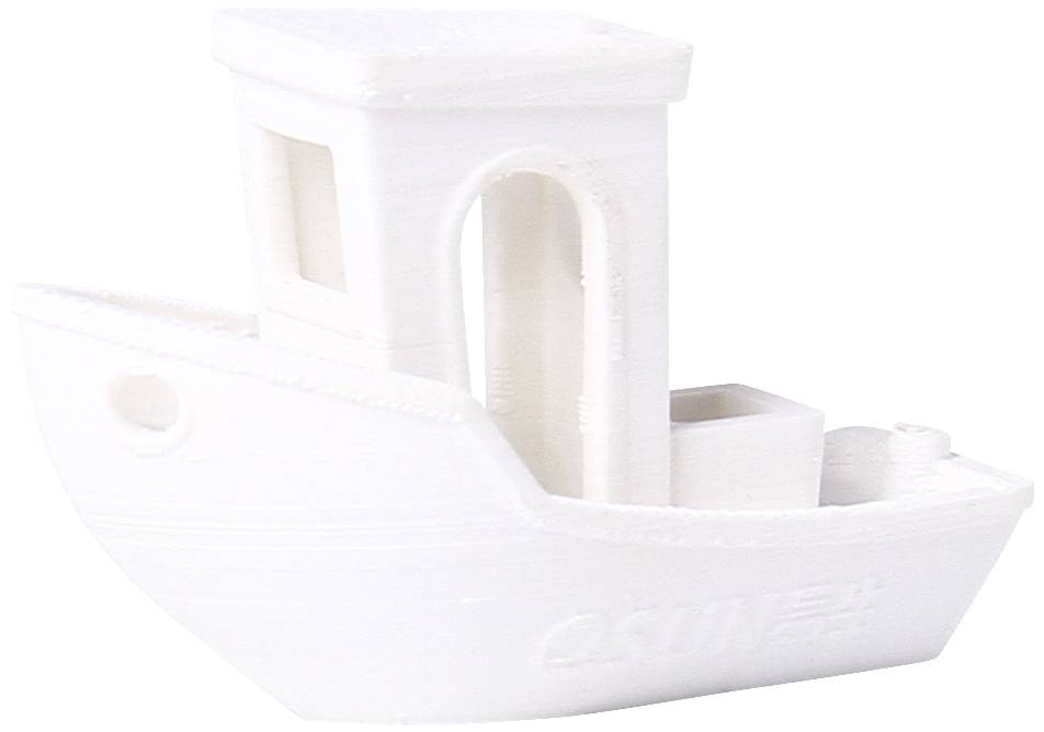 Malá, biela 3D tlačená loď s jednoduchým dizajnom a otvoreným priestorom kabíny.
