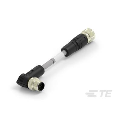 M12 konektor s 90-stupňovým uhlom, čierny plast so striebornými kontaktmi, vhodný pre priemyselné aplikácie.