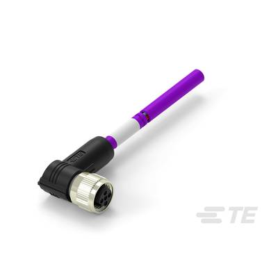 Fialový uhlový konektor s čiernym a strieborným krytom, pravdepodobne určený pre elektronické prepojenia alebo aplikácie.