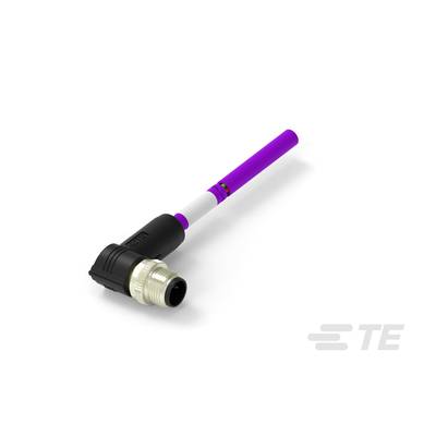 Fialovo-čierny elektronický konektor s kovovým závitom, zahnutý v pravom uhle, s logom TE v spodnom pravom rohu.