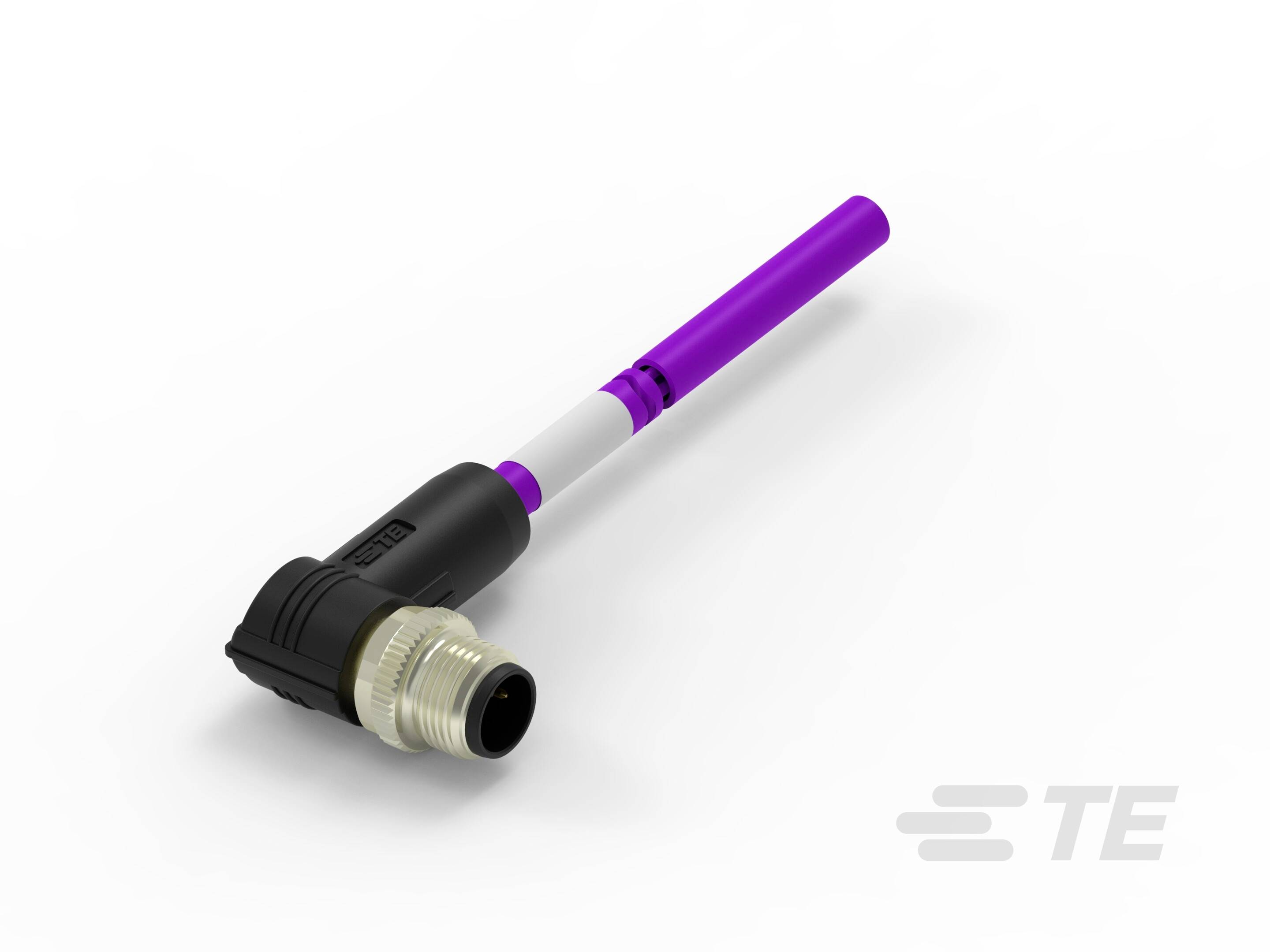 Elektronická súčiastka s čiernym puzdrom a fialovou anténou. Firemné logo 'TE' v pozadí. Používaná v komunikačnej technike.
