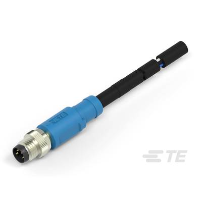 Priemyselný konektor s modrým plášťom a čiernymi káblami, vyrobený spoločnosťou TE Connectivity.
