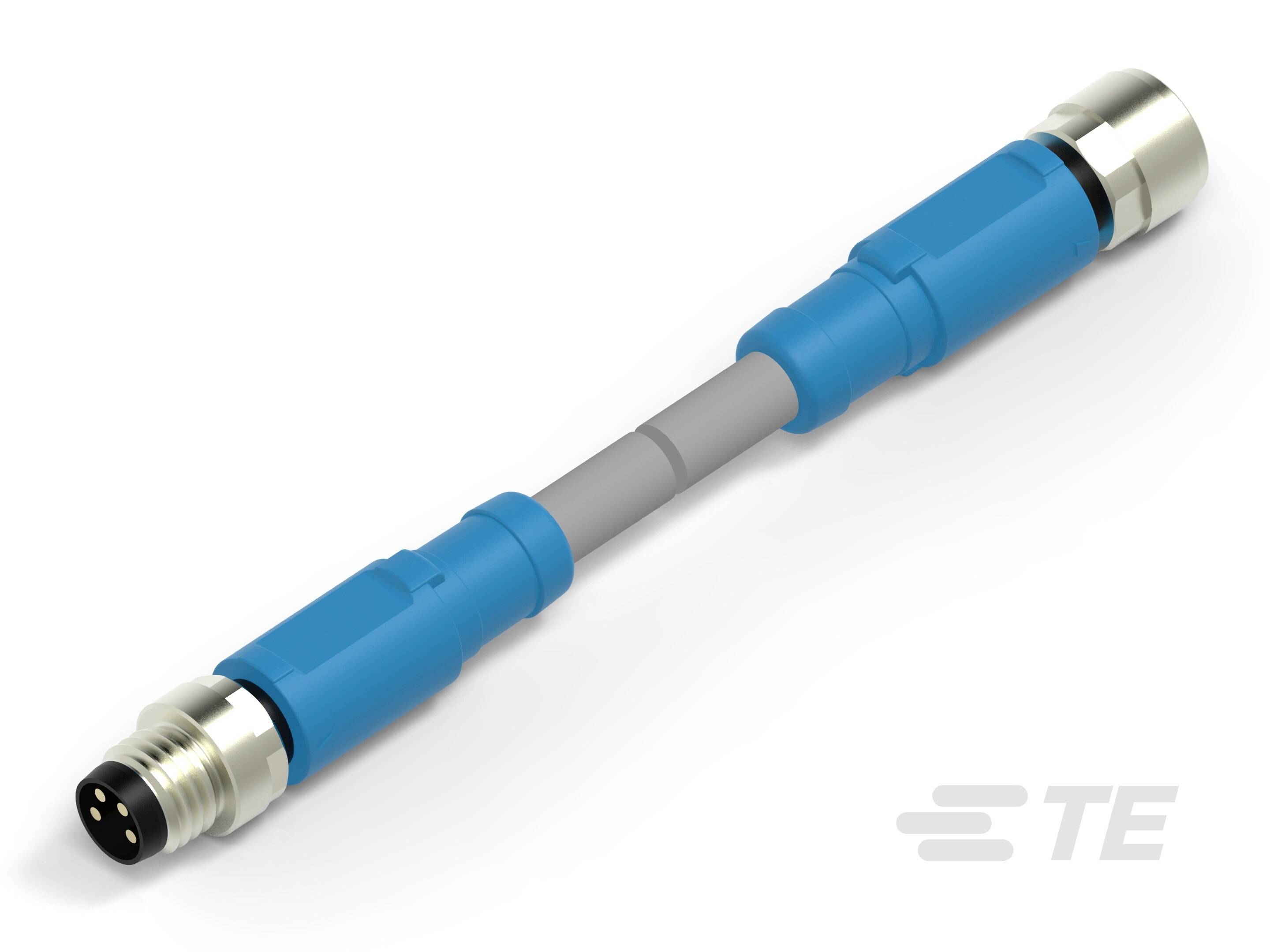 Modro-sivý konektor od spoločnosti TE Connectivity s kovovým závitom na každom konci.