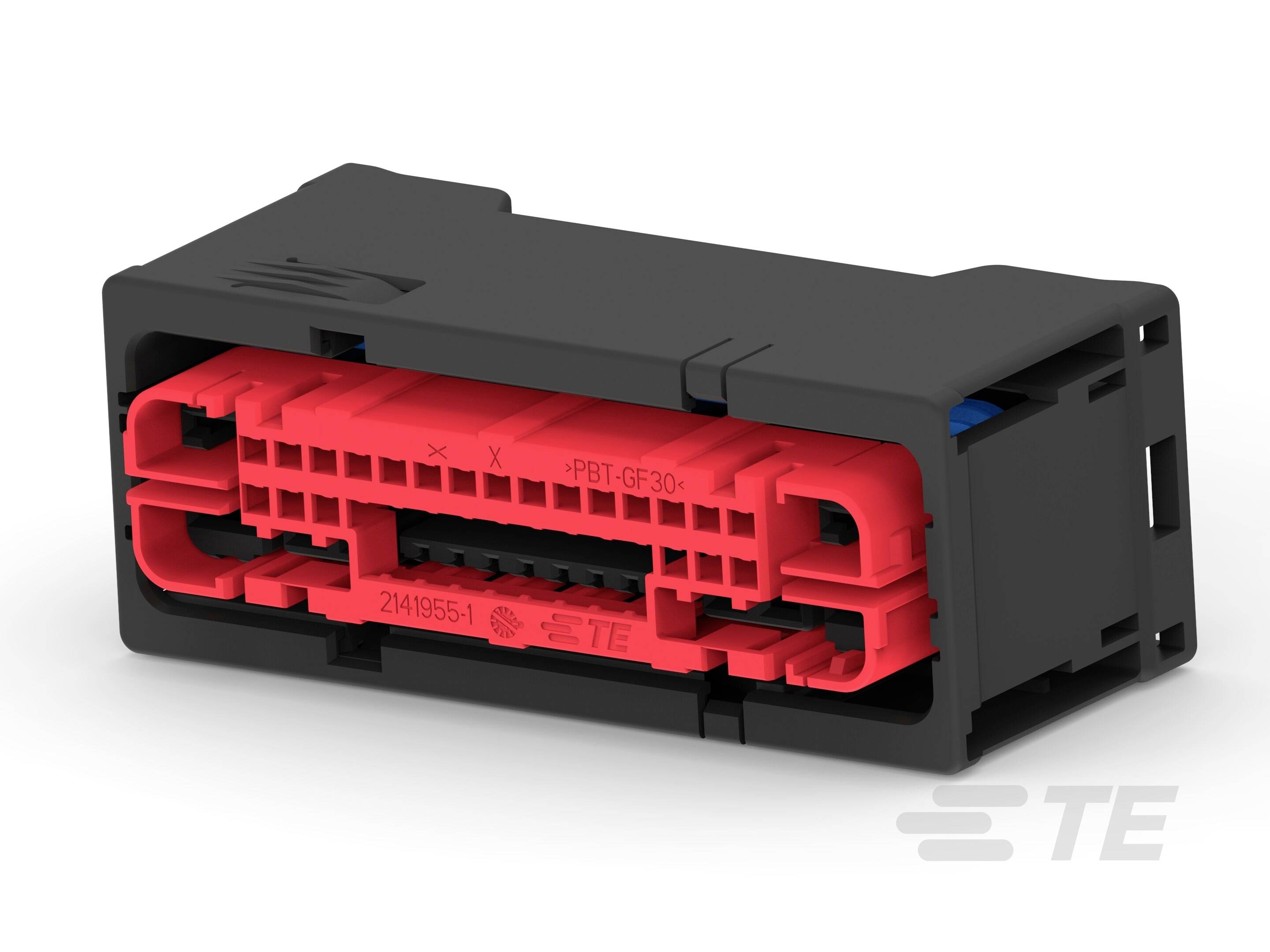 Čierno-červený elektrický konektor obdĺžnikového tvaru s viditelnými kontaktmi na bielom pozadí.