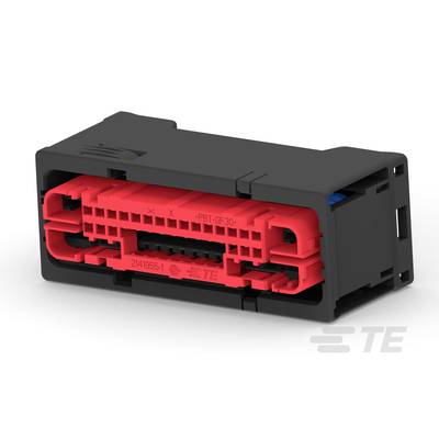 Čierno-červený elektrický konektor obdĺžnikového tvaru s viditelnými kontaktmi na bielom pozadí.