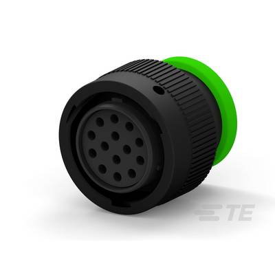Čierny valcový konektor so zeleným koncom kábla, používaný pre elektrické pripojenia. Logo značky 'TE' v spodnej pravej časti.