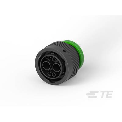 Valcovitý, čierny elektrický konektor so štyrmi kruhovými otvormi, so zeleným tesniacim krúžkom; logo výrobcu vpravo dole.
