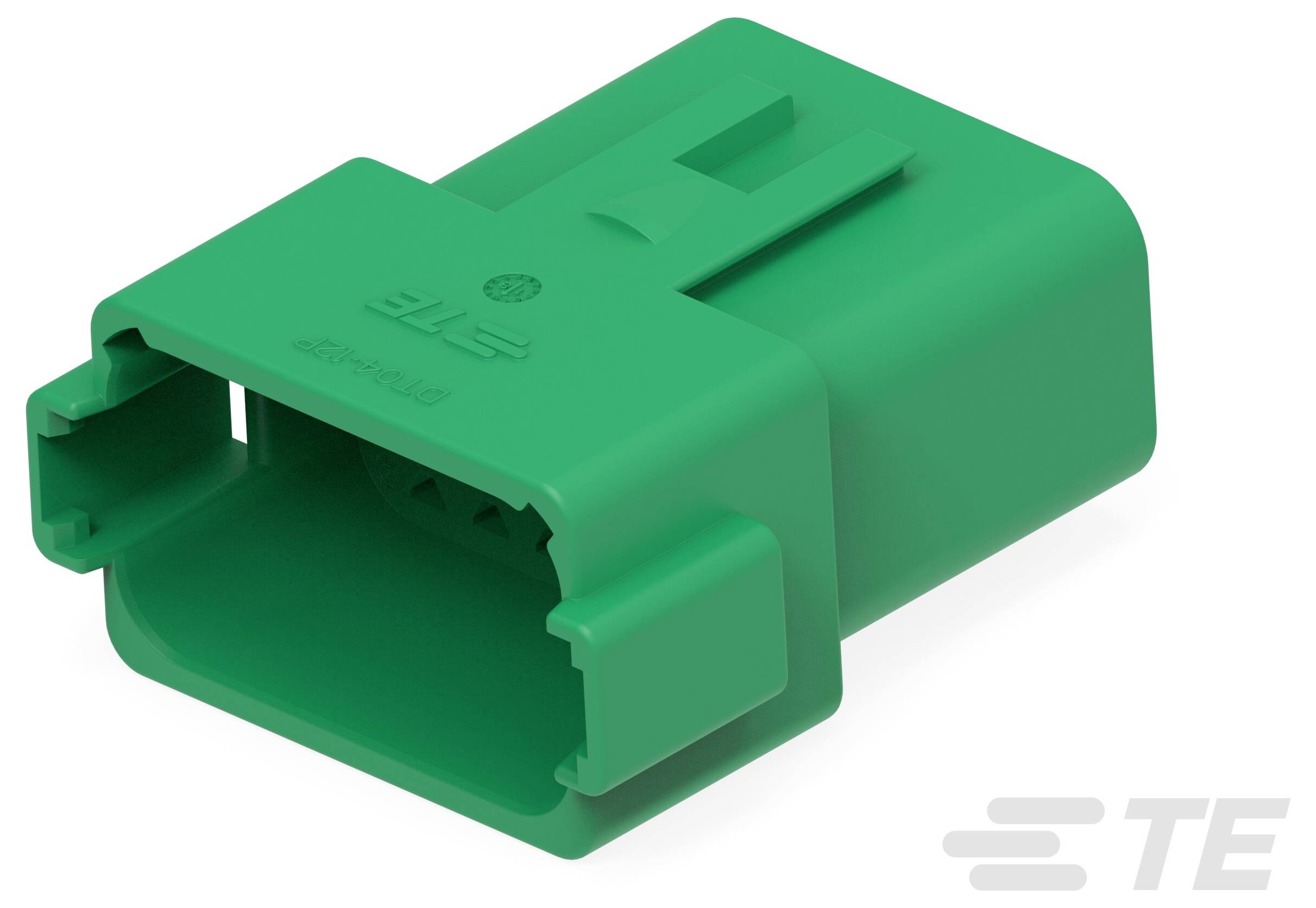 Zelený plastový elektrický konektor s dvoma obdĺžnikovými zásuvkami a zámkovacím mechanizmom, používaný na bezpečné pripojenie vodičov.