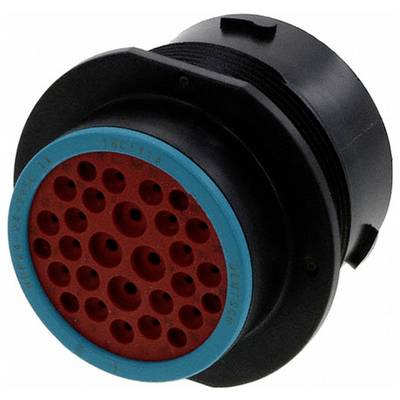 Kruhový elektrický konektor s viacerými kontaktmi v červenom vnútri, označený "DEUTSCH" na modrom krúžku, používaný na robustné kabelové spojenia.