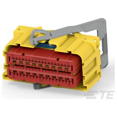 Žltý kryt automobilného elektrického konektora so sivou pákou a červenými vnútornými komponentmi, používaný na bezpečné pripojenie vodičov v vozidlách.
