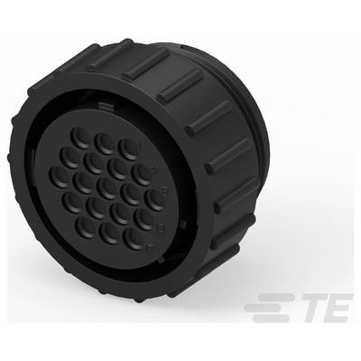 Čierny valcový konektor so sieťou otvorov na kolíky, používaný na elektronické alebo mechanické aplikácie. Je viditeľné logo „TE".