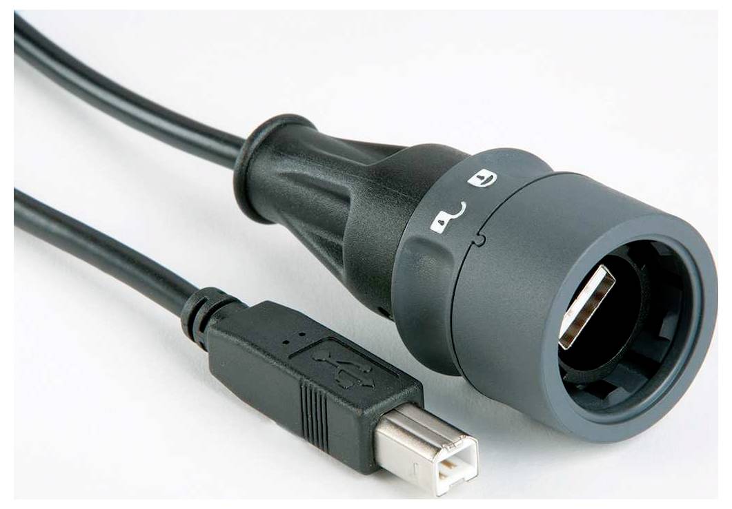 Čierny a sivý USB kábel s USB-A samčím konektorom na jednom konci a USB-B samčím konektorom na druhom konci, používaný na prenos údajov.