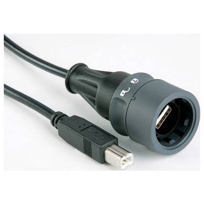 Čierny a sivý USB kábel s USB-A samčím konektorom na jednom konci a USB-B samčím konektorom na druhom konci, používaný na prenos údajov.