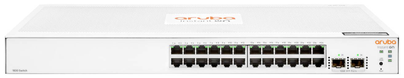 Biely sieťový switch s 24 ethernetovými portami a dvoma SFP portami, so svietiacimi stavovými LED indikátormi, s logom značky 'aruba' hore.
