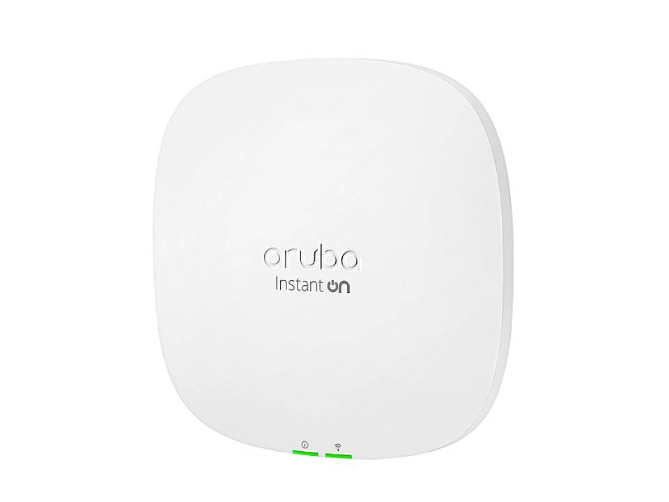 Biely bezdrôtový prístupový bod Aruba Instant On v oválnom tvare s dvomi zelenými indikátormi stavu na spodnej strane.