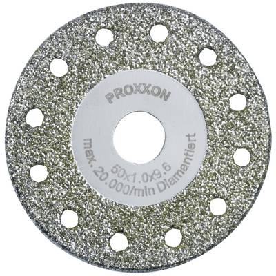 Diamantový rezací kotúč od Proxxonu s otvormi na okraji. Nápis 'max. 20.000/min Diamantový'. Vhodný na rezanie tvrdých materiálov.
