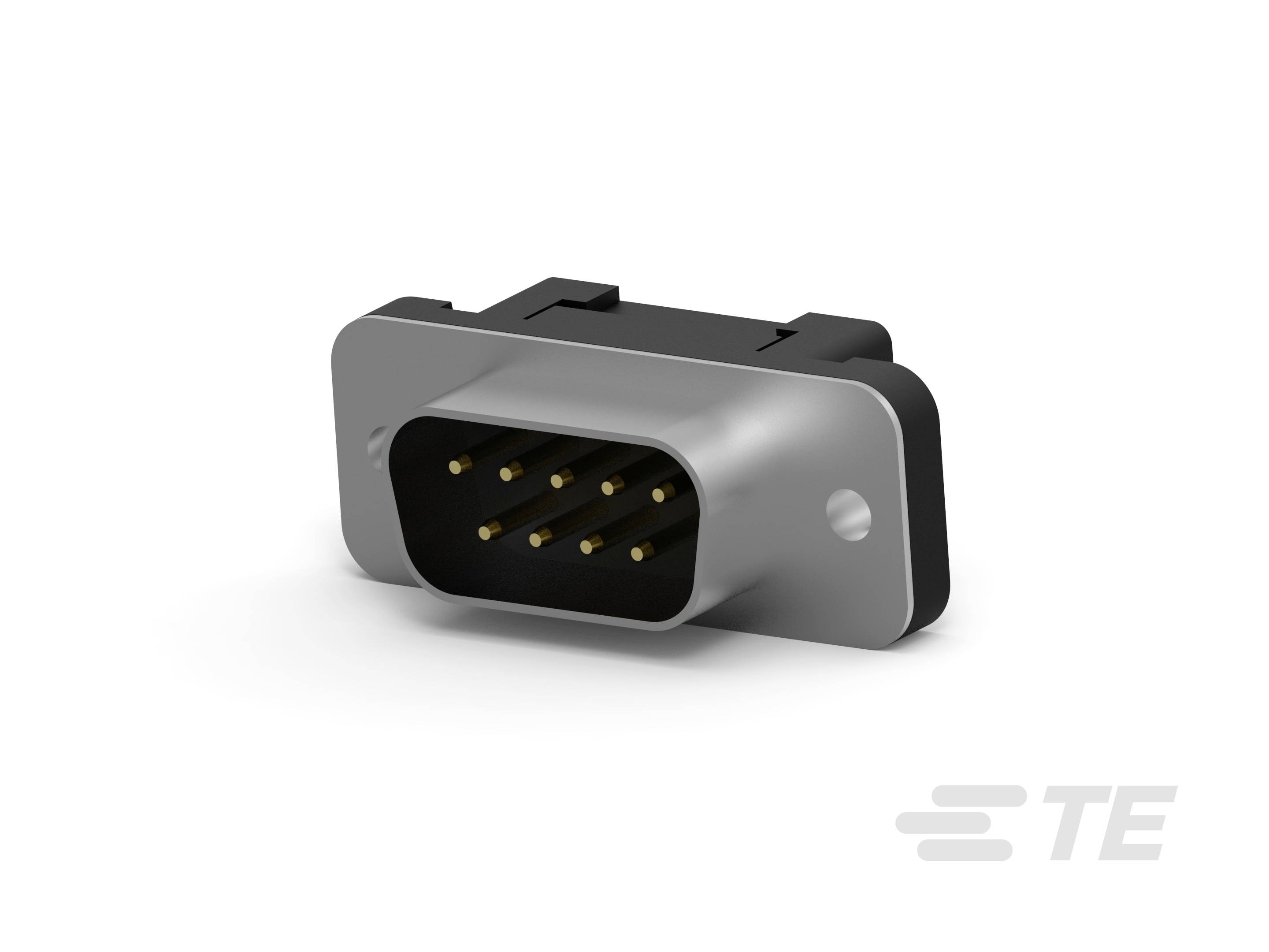 Kovový elektrický konektor s viacerými zlatými kontaktmi, ležiaci horizontálne na bielom pozadí.