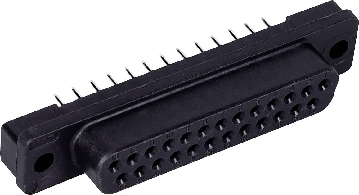 Obdĺžnikový elektrický konektor s viacerými kolíkmi a otvormi na pripojenie elektronických zariadení.