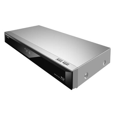 Strieborný a čierny Blu-ray/DVD prehrávač s dvoma prednými USB portami a digitálnym displejom.