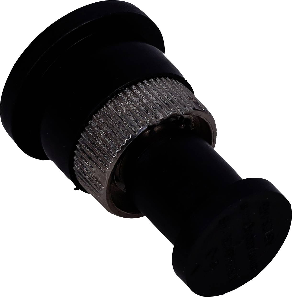 Detailný záber čierneho otočného gombíka s vrstvený textúrovaným prstencom na uchopenie, pravdepodobne používaný na nastavovanie alebo ovládanie zariadenia.