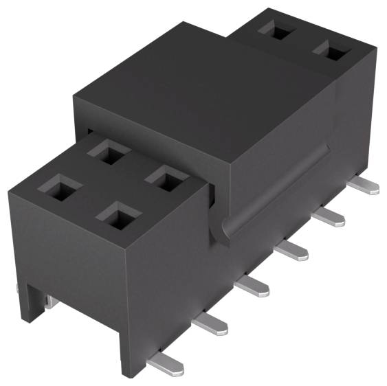 Čierna, obdĺžniková elektronická súčiastka s šiestimi kolíkmi, so zvýšenou časťou na vrchu a dvoma radami kovových kolíkov vychádzajúcich z dolnej časti.